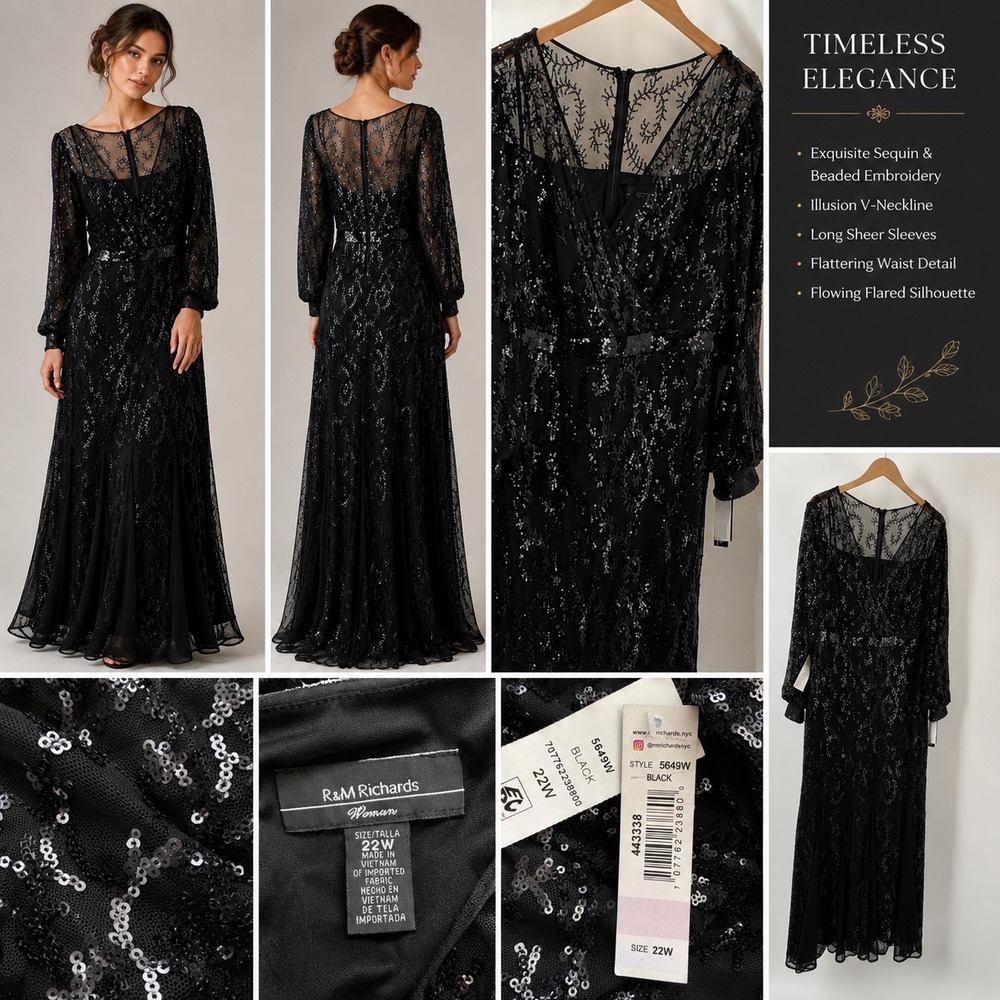 R&M Richards Womens Black Sequin Beaded Illusion Gown Dress 22W 5649W New